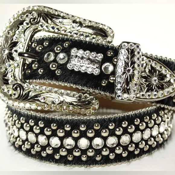 BB Simon Accessories - BB Simon Black Cowhide Sworovski Crystal Studded Belt
